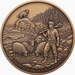 Bronze family coin: a young man with a pine knot over his shoulder, a wildcat on a rock, two sheep, waves and pines